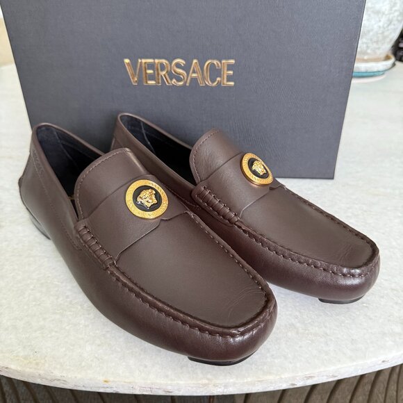 Versace 1015591 Dark Brown Leather Driver Shoes with Medusa plaque, many sizes - Picture 1 of 12